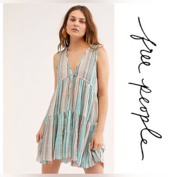 Free People Multicolor Striped Tiered Dress; Size Medium - Picture 5 of 9